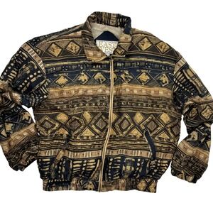 East West Vintage Silk Bomber Jacket Geometric Tribal Print Brown Tan Medium